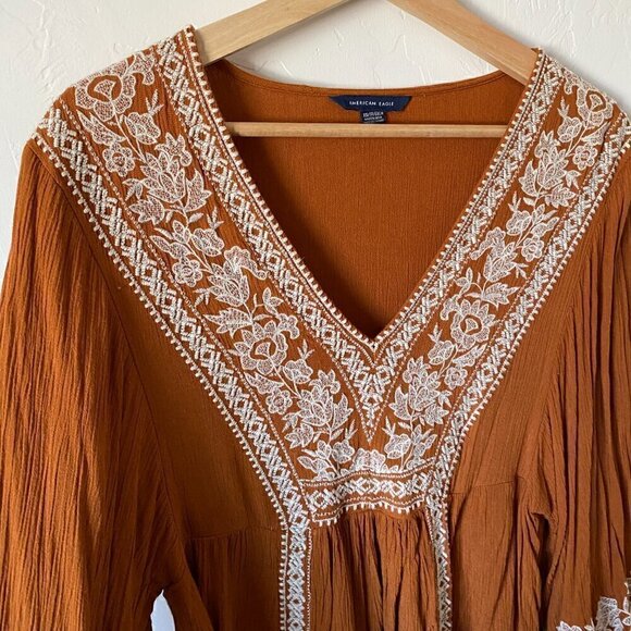 American Eagle Embroidered Peasant Top Burnt Orange Boho Hippie XS - Picture 4 of 7